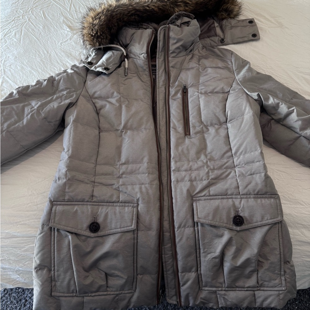Gray Hooded Puffer Jacket with Faux Fur Trim